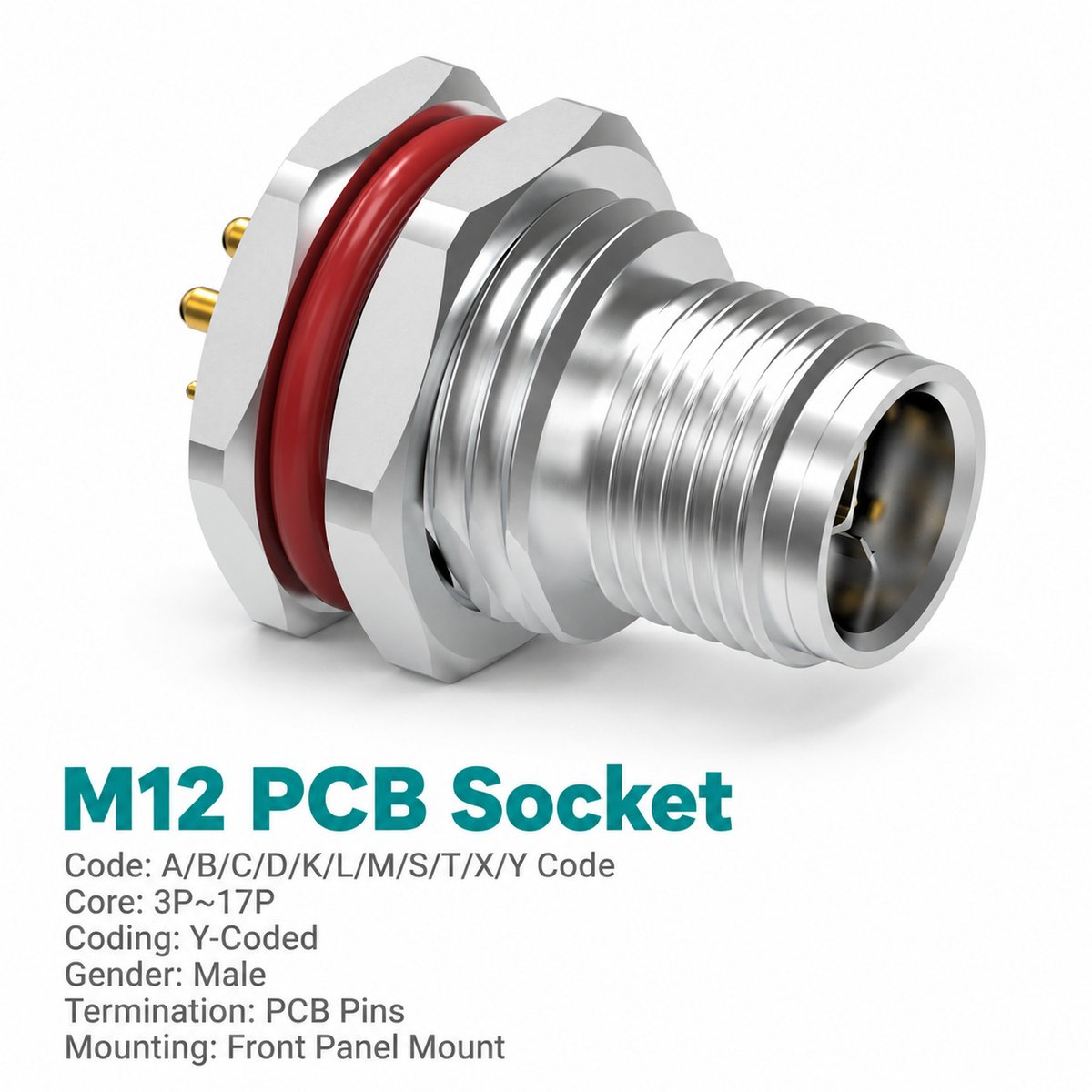 M12 Y-Coded Male Front Mount PCB Hybrid Connector, Ethernet + Power, Y3/Y4 M12 Y-Coded Male Front Mount PCB Hybrid Connector, Ethernet + Power, Y3/Y4 - Image 2
