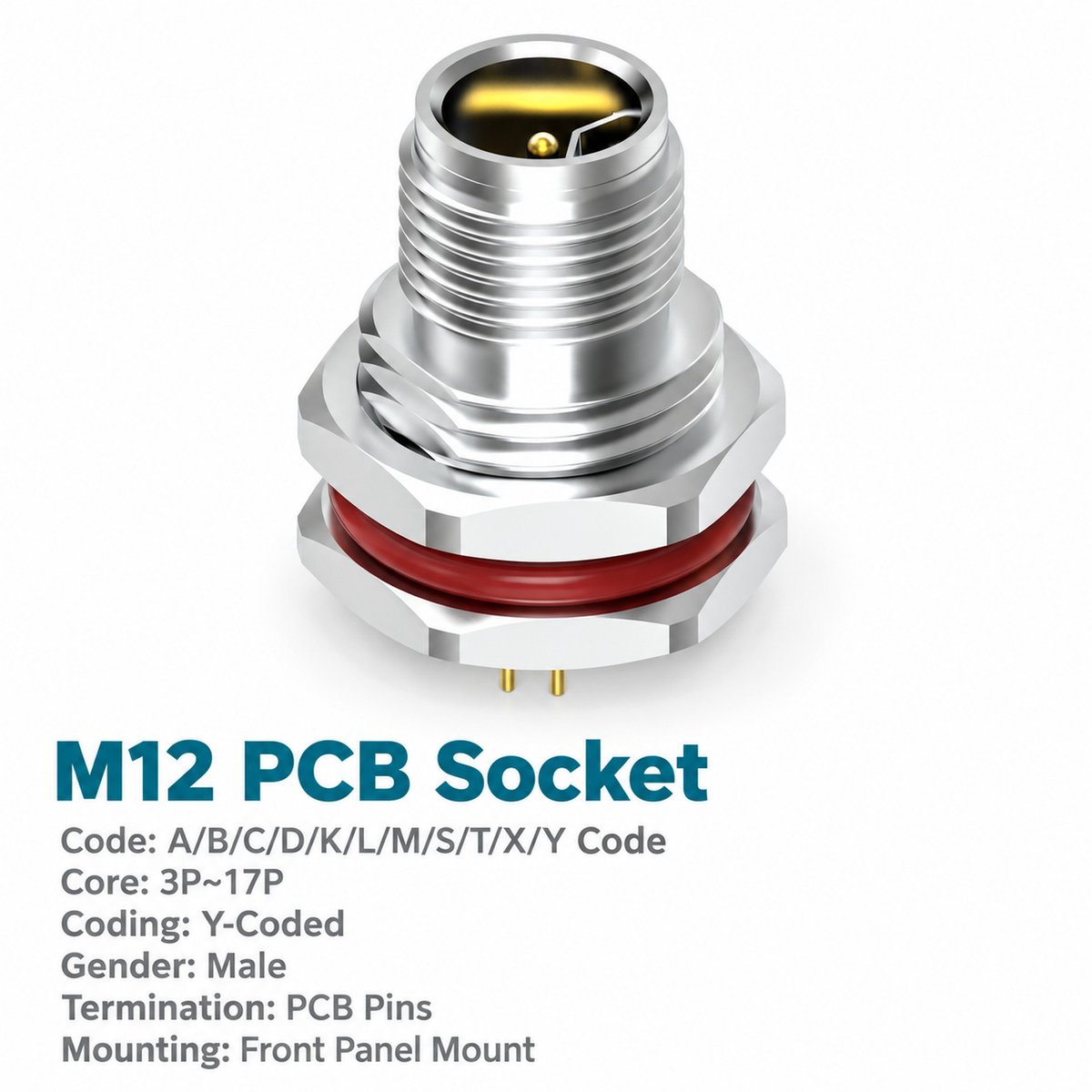 M12 Y-Coded Male Front Mount PCB Hybrid Connector, Ethernet + Power, Y3/Y4 M12 Y-Coded Male Front Mount PCB Hybrid Connector, Ethernet + Power, Y3/Y4