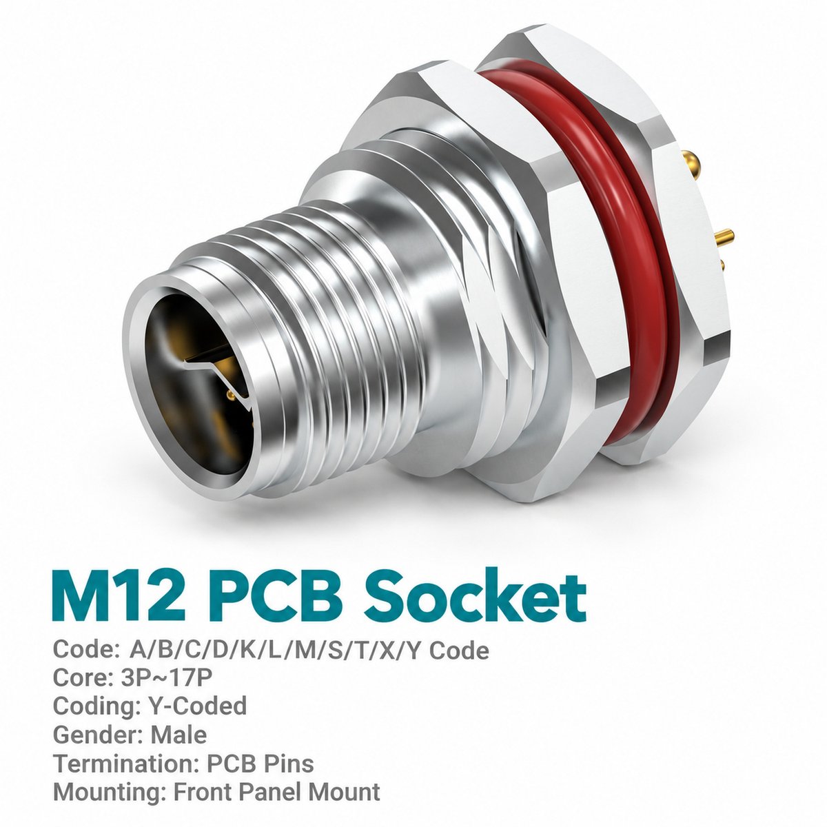 M12 Y-Coded Male Front Mount PCB Hybrid Connector, Ethernet + Power, Y3/Y4 M12 Y-Coded Male Front Mount PCB Hybrid Connector, Ethernet + Power, Y3/Y4 - Image 3