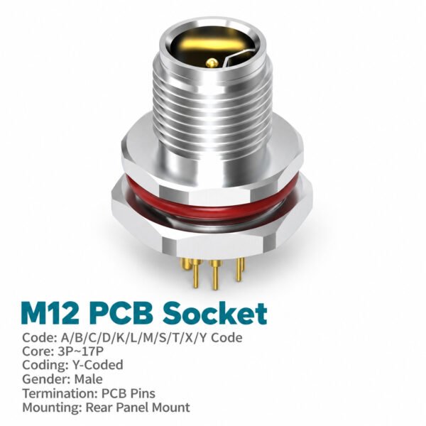 M12 Y-Coded Male Rear Mount PCB Hybrid Connector, Ethernet + Power, Y3/Y4