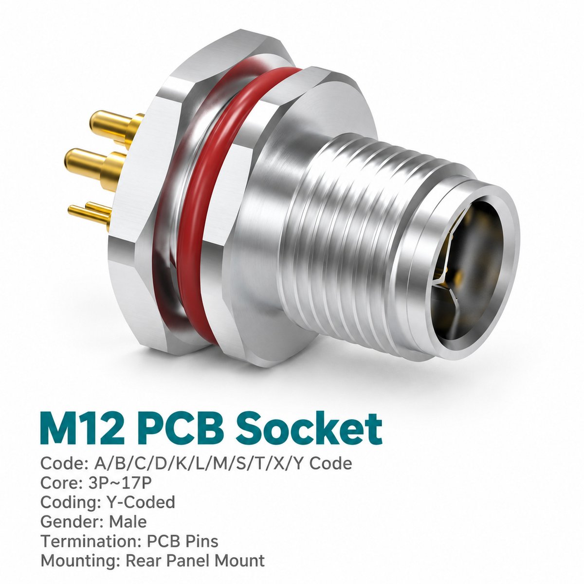 M12 Y-Coded Male Rear Mount PCB Hybrid Connector, Ethernet + Power, Y3/Y4 M12 Y-Coded Male Rear Mount PCB Hybrid Connector, Ethernet + Power, Y3/Y4 - Image 2