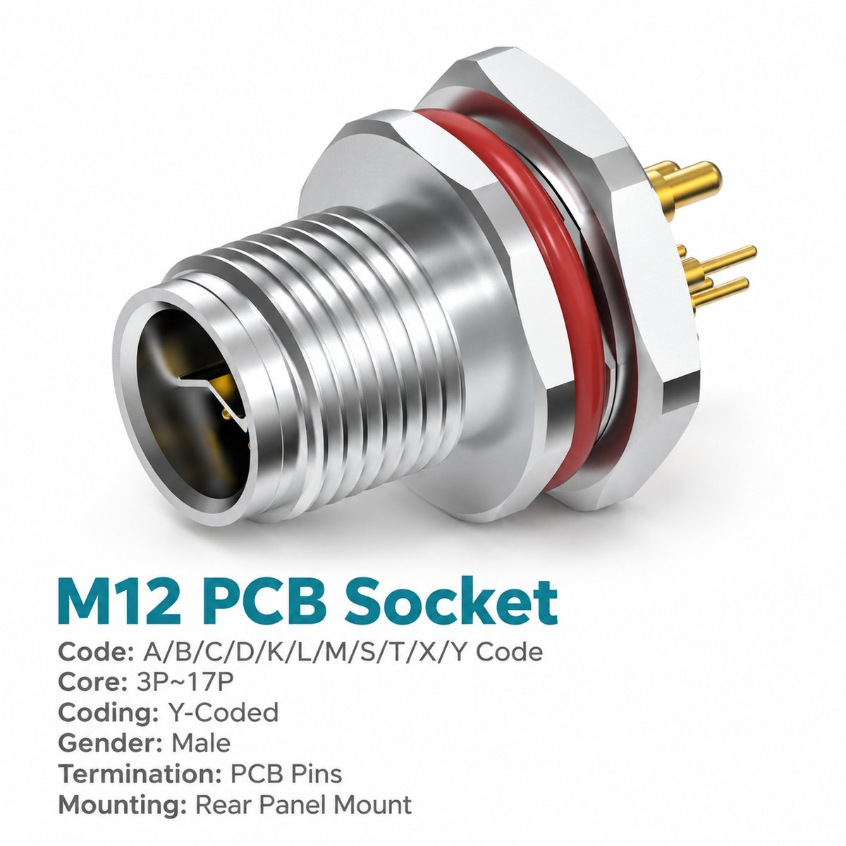 M12 Y-Coded Male Rear Mount PCB Hybrid Connector, Ethernet + Power, Y3/Y4 M12 Y-Coded Male Rear Mount PCB Hybrid Connector, Ethernet + Power, Y3/Y4 - Image 3