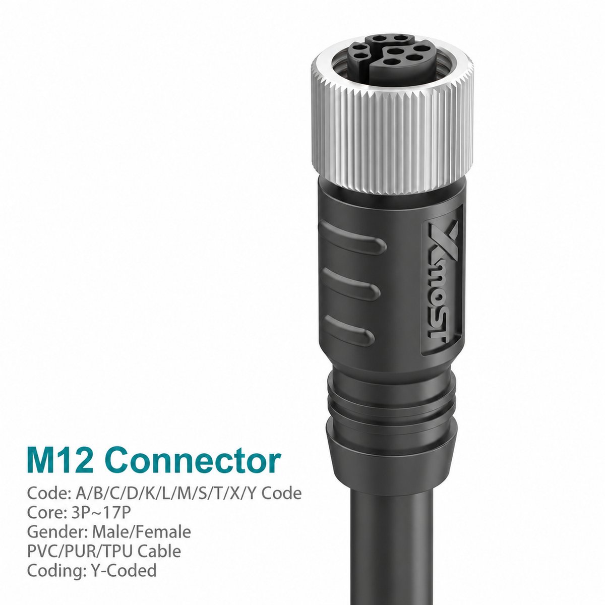 M12 Y-Coded Female Straight CAT5e Shielded Hybrid Ethernet Cable Connector M12 Y-Coded Female Straight CAT5e Shielded Hybrid Ethernet Cable Connector - Image 2