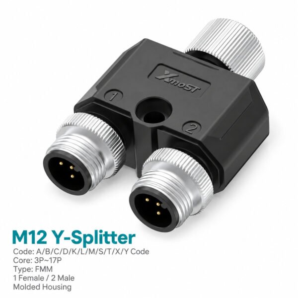 M12 Y-Shape Splitter, 1 Female to 2 Male, FMM Connector