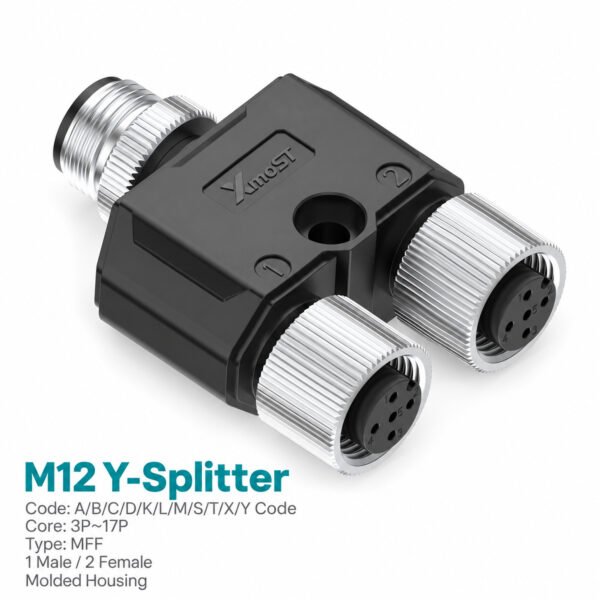M12 Y-Shape Splitter, 1 Male to 2 Female, MFF Connector