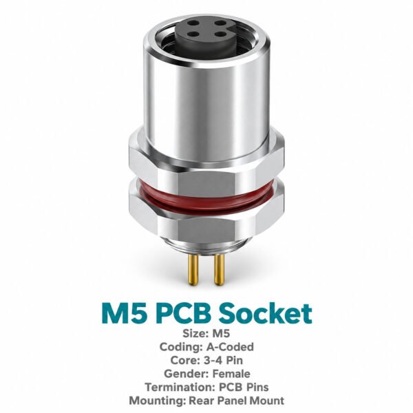 M5 Connector A-Code 4Pin Female Straight Rear-Locking Socket, Solder, IP67