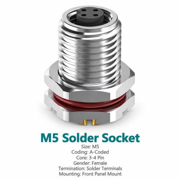M5 Connector A-Code 4Pin Female Straight Front-Locking Socket, Solder, IP67